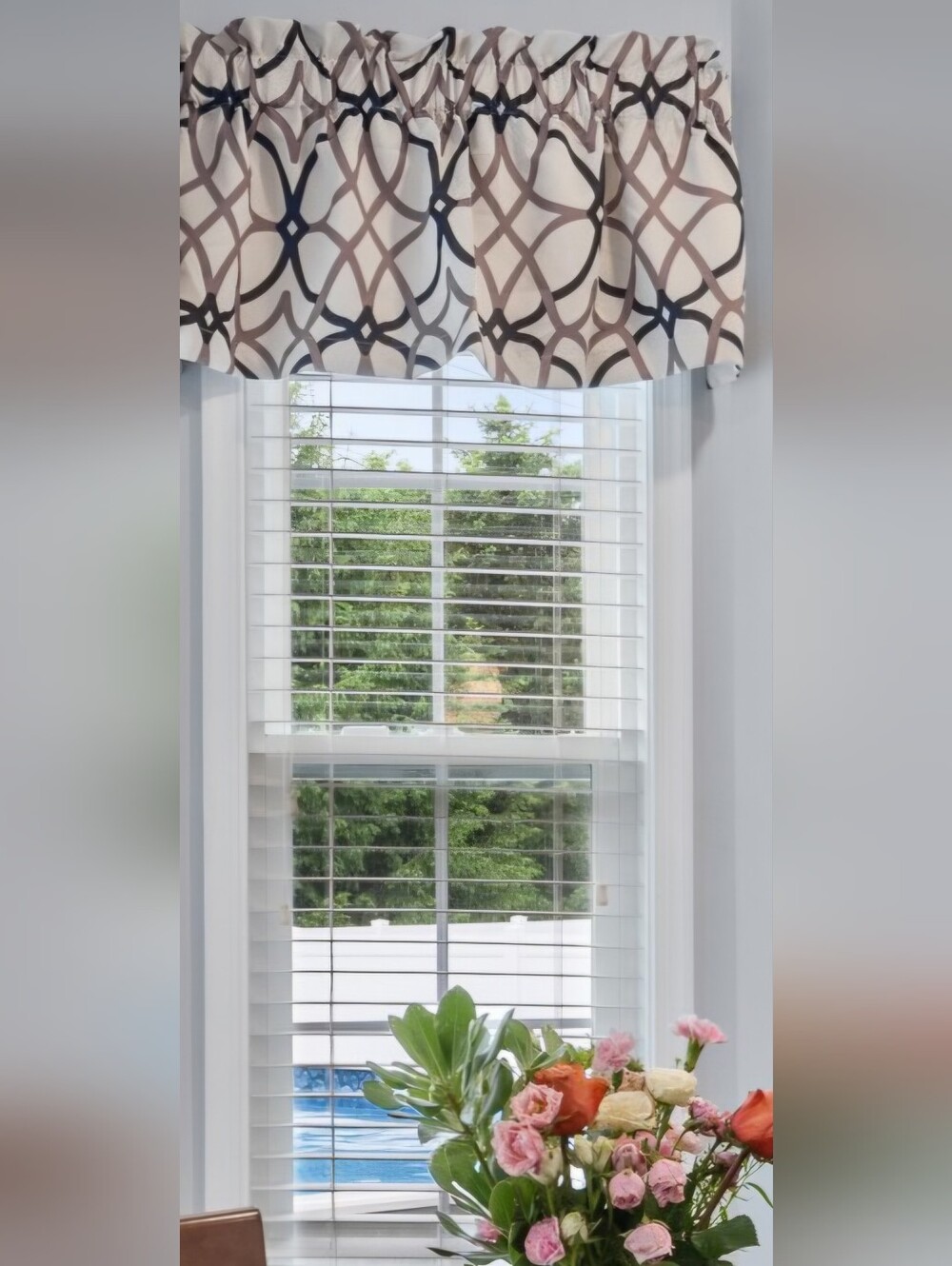 Cream Blackout Curtain Valance With Gray & Navy Blue Geometric Design 52" x 18"